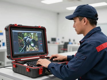 A professional plumber monitoring a high-definition sewer camera screen on a rugged case inside a commercial facility, sharp focus