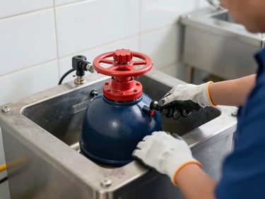 A commercial kitchen grease trap interceptor being serviced by a technician wearing heavy-duty gloves, clean industrial environment