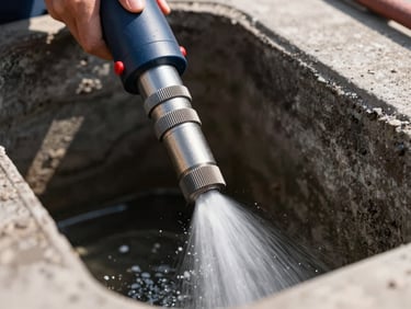 Close-up of a heavy-duty steel hydro-jetting nozzle blasting water inside a commercial sewer pipe, professional lighting, industrial setting