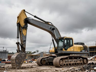 A heavy industrial excavator parked on a massive infrastructure construction site, dramatic overcast daylight, desaturated steel tones with sharp gold accents.