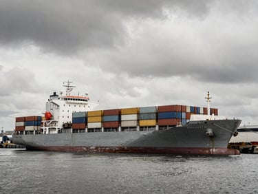 A massive container vessel docked at a deep-water port, dramatic overcast daylight, desaturated tones