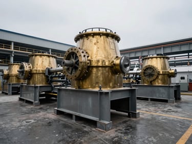Heavy industrial manufacturing floor, steel machinery, sharp high-contrast corporate lighting