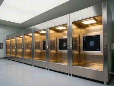 Advanced clean-room medical diagnostic imaging array, sharp high-contrast architectural lighting, sterile steel and gold tones.