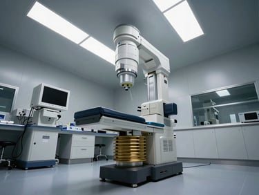 Low-angle interior shot of a pristine, high-tech medical laboratory with advanced diagnostic imaging arrays under cool, clinical lighting.