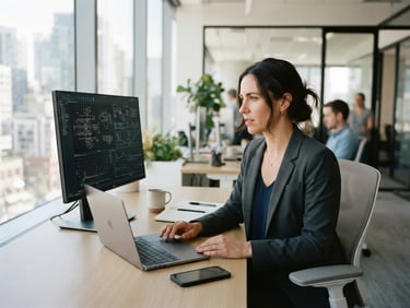 Close-up of a professional in a bright modern office reviewing technical documentation on a screen, clean corporate tones, natural light, 35mm