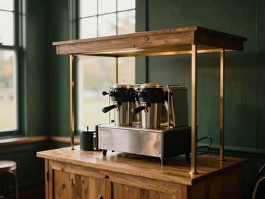 An elegant mobile coffee stand setup at a wedding reception, warm ambient lighting, clean wooden counter, 35mm