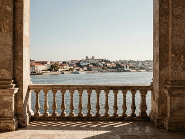 Elegant historic stone balcony overlooking the Tagus river in Lisbon, warm afternoon sun, architectural framing.