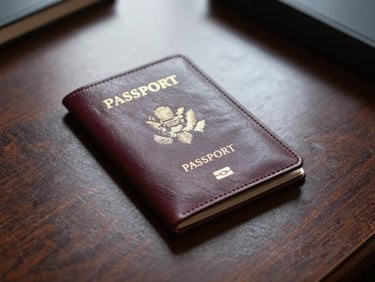 Close-up of a premium leather passport holder on a dark mahogany desk, soft natural light, rich deep tones.