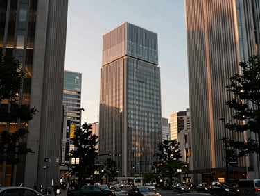 Clean architectural street view of Tokyo business district, soft golden-hour light, premium travel aesthetic