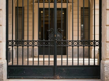 Classic wrought-iron gate of a prestigious Madrid estate, shallow depth of field, soft golden light.