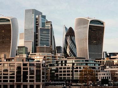 Sweeping sophisticated cityscape of London financial district, clean architectural lines, 35mm lens.
