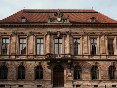 Symmetrical architectural shot of a historic European government building facade, soft daylight, 35mm lens.