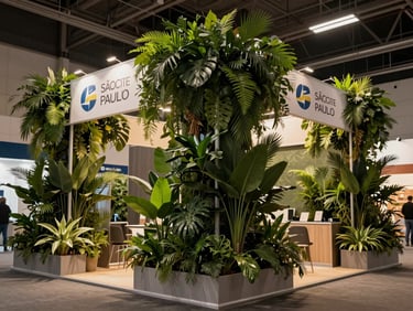 Overhead composition shot of a finished corporate event stand at a São Paulo trade fair — dense structured arrangement of green plants within a branded booth frame, event hall ceiling visible, architectural neutrals, documentary lighting