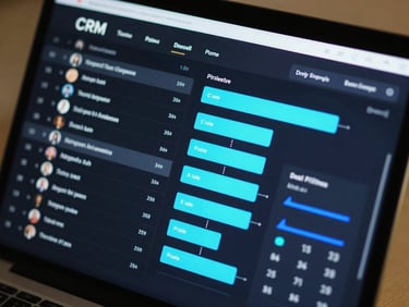 Dark-themed CRM interface screen showing contact list, deal pipeline stages, and lead status indicators in electric-cyan and blue, close-up framing, no person visible