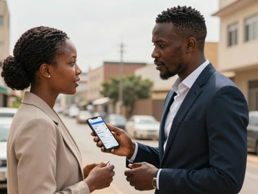 Medium shot of a real estate agent mid-conversation at a property site in an African city, holding a phone showing a CRM pipeline screen, natural daylight, unposed