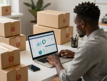 Medium shot of an e-commerce operator at a desk surrounded by product boxes, reviewing an analytics dashboard on a laptop screen, screen glow, urban African workspace, mid-work unposed