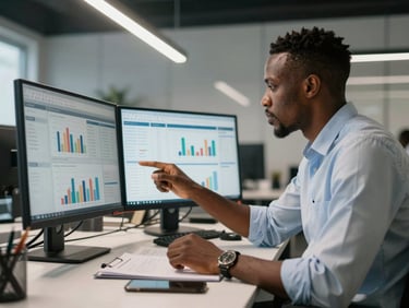 Medium shot of a financial consultant reviewing a data dashboard on dual monitors in a modern African office, papers and phone on desk, high-contrast overhead lighting, mid-work unposed