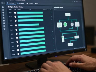 Close-up of a SaaS dashboard interface on a dark monitor — CRM pipeline columns, lead scoring bars, WhatsApp automation flow diagram visible, screen glow illuminating hands on a keyboard, operator mid-task, high-contrast UI, electric-cyan accent highlights on data cards, no faces visible