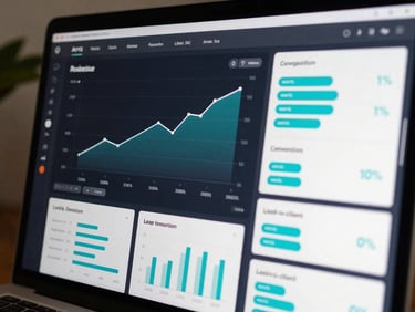 Analytics dashboard dark interface — revenue line chart rising, funnel conversion rates, lead-to-client ratio metrics, data cards with cyan percentage highlights, close-up screen framing, no person