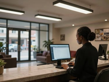 Wide shot of a hotel lobby front desk in operation, receptionist reviewing a booking dashboard on a monitor, African city visible through glass doors in background, overhead fluorescent and screen light