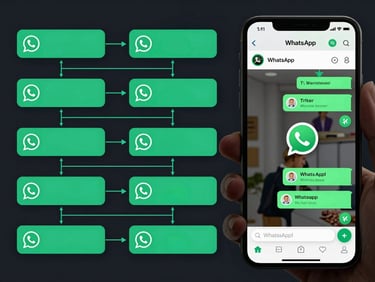 WhatsApp automation flow diagram on dark UI — message sequences, trigger nodes, reply branches with cyan connector lines, mobile phone mockup showing automated conversation thread, close-up interface detail