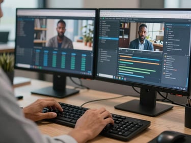 Close-up of a consultant's hands on a keyboard, dual screen showing a client pipeline dashboard, urban African office background, screen glow, unposed mid-work