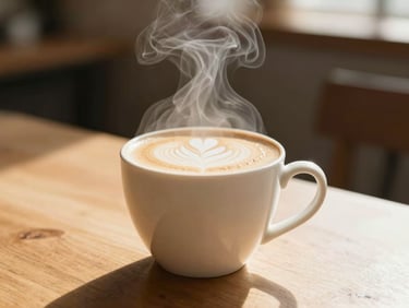 Close-up shot of steam rising from a freshly poured latte on a clean wooden table, soft morning sun, warm amber tones, 35mm