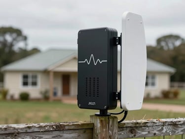 Outdoor point-to-point wireless bridge unit and Waveform booster antenna mounted on a wooden fence post, rural property background, overcast natural light, hardware in focus