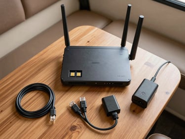 Overhead flat-lay of a travel router, SIM card tray, ethernet cable, and power adapter arranged on a wooden RV dinette table, bright even natural light