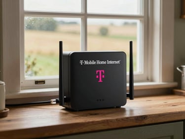 T-Mobile Home Internet gateway sitting on a rural kitchen windowsill, window light, fields visible outside, ethernet cable running to a router beside it
