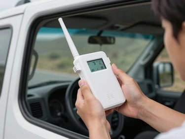 Hands holding a cellular signal booster antenna against the side window of a van interior, natural daylight, signal meter screen visible in background