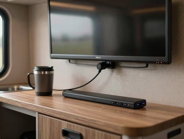 Close-up of a streaming stick plugged into a flatscreen inside an RV, dimly lit interior, a travel mug on the counter beside it, cozy ambient light
