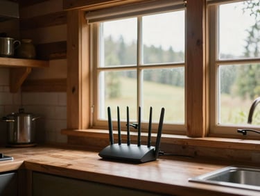 Wide interior shot of a rural cabin kitchen with a router and point-to-point antenna visible on the windowsill, warm natural light from a north-facing window