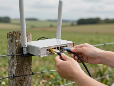 Hands connecting an ethernet cable into a point-to-point wireless bridge unit mounted on a wooden fence post at a rural property, green fields visible in the background, natural daylight
