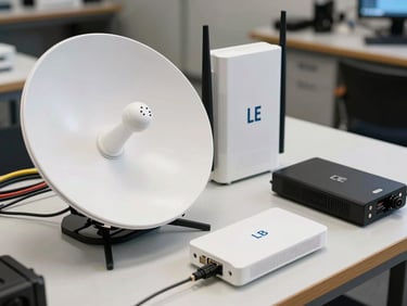 Starlink dish, LTE router, and signal booster laid out on a workbench under bright even lighting, cables visible, hardware labels readable, no lifestyle elements
