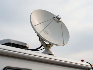Close-up overhead of a Starlink dish mounted flush on an RV rooftop, mid-morning overcast light, cable routing visible along the edge