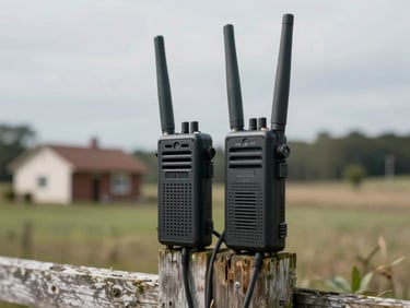 Two small point-to-point wireless radios mounted on a wooden fence post with a rural property in the background, overcast daylight, cables running down the post