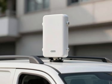 Close-up of a cellular signal booster antenna clamped to the roof rail of a van, exterior shot, bright even daylight, urban fringe setting