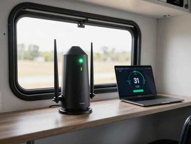 Starlink router sitting on a narrow RV counter beside a window, green status light on, a laptop open next to it showing a speed-test result, bright even interior lighting