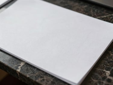 Close-up of high-quality textured white paper documents resting on a dark marble table, soft overcast daylight, clean corporate aesthetic.