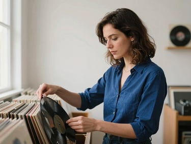 Portrait of a female musicologist sorting vinyl records in a bright studio, soft daylight, warm tones, professional editorial look