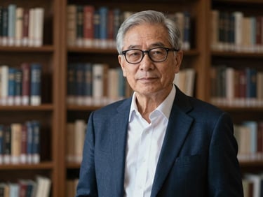 Elegant portrait of an older male host with glasses in a library, soft natural light, shallow depth of field, 35mm editorial photography