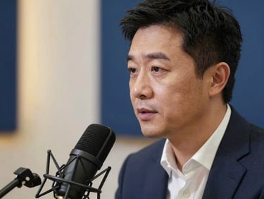 Close-up of a male radio host speaking thoughtfully into a professional studio microphone, soft warm background lighting, elegant editorial portrait