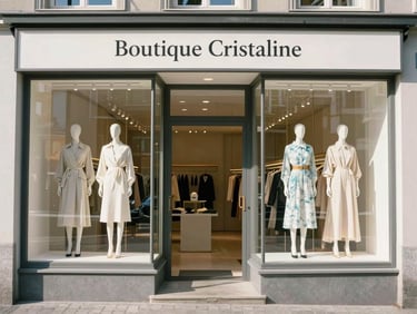 Inviting entrance of Boutique Cristaline in Rolle, Switzerland, showcasing a curated window display with high-end fashion, clean lines, and soft natural alpine daylight, 35mm.