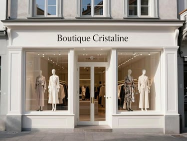 Elegant storefront of Boutique Cristaline in Echallens, Switzerland, pearl-white facade, large windows displaying curated fashion, soft natural alpine daylight, clean and inviting, 35mm.
