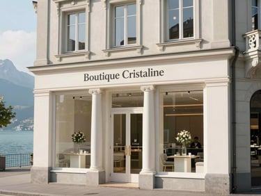 Charming exterior of Boutique Cristaline in Lutry, Switzerland, near Lake Geneva, with a view of the boutique's elegant facade and surrounding architecture, soft natural alpine daylight, 35mm.