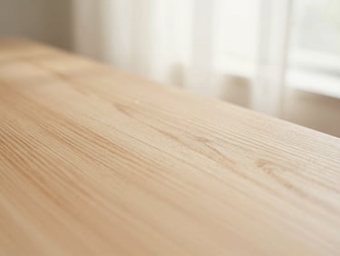 Macro detail shot of smooth solid maple wood grain, soft morning window light, warm cream background, shallow depth of field, 35mm