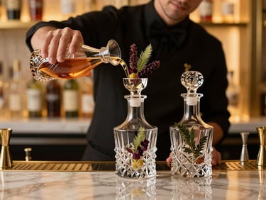 Elegant luxury bar setup with crystal decanters, botanical garnishes, soft gold lighting, professional mixologist pouring a drink