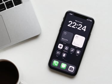 Overhead flat-lay of a clean workspace with a phone displaying a minimalist custom launcher UI, crisp typography, dark-mode styling.