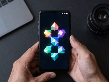 Macro overhead flat-lay of a hand holding an Android device, displaying a fluid vector puzzle with glowing geometric particles, dark workspace